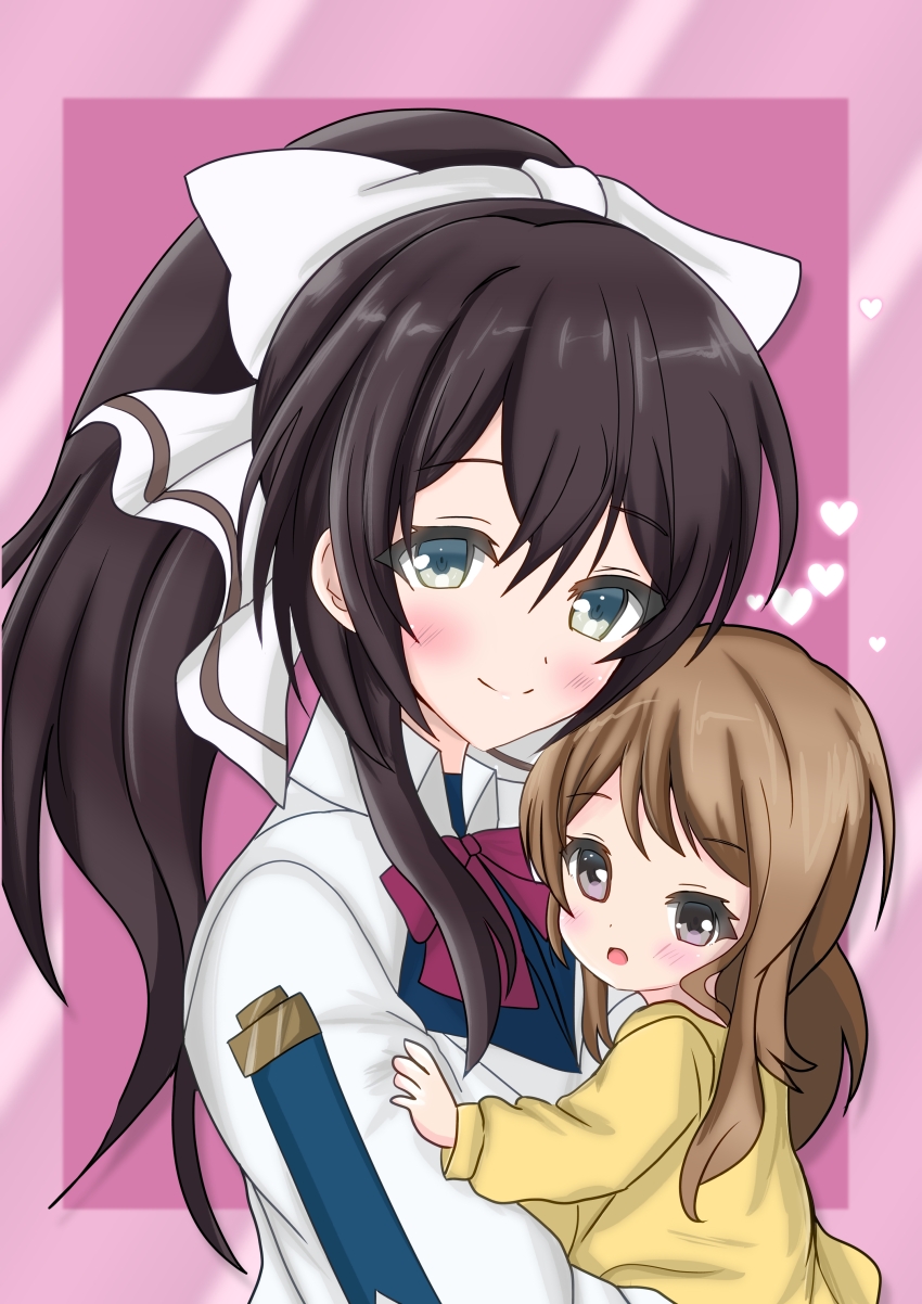 2girls absurdres aged_down aqua_eyes assault_lily black_hair blush border bow bowtie brown_hair carrying child child_carry closed_mouth commentary_request ebisu_nobu grey_eyes hair_between_eyes hair_bow hand_up heart herensuge_girls_academy_school_uniform highres iijima_renka jacket long_hair long_sleeves looking_at_viewer looking_to_the_side multiple_girls outside_border parted_lips pink_background pink_border red_bow red_bowtie school_uniform serizawa_chikaru shirt sidelocks simple_background smile upper_body white_bow white_jacket yellow_shirt