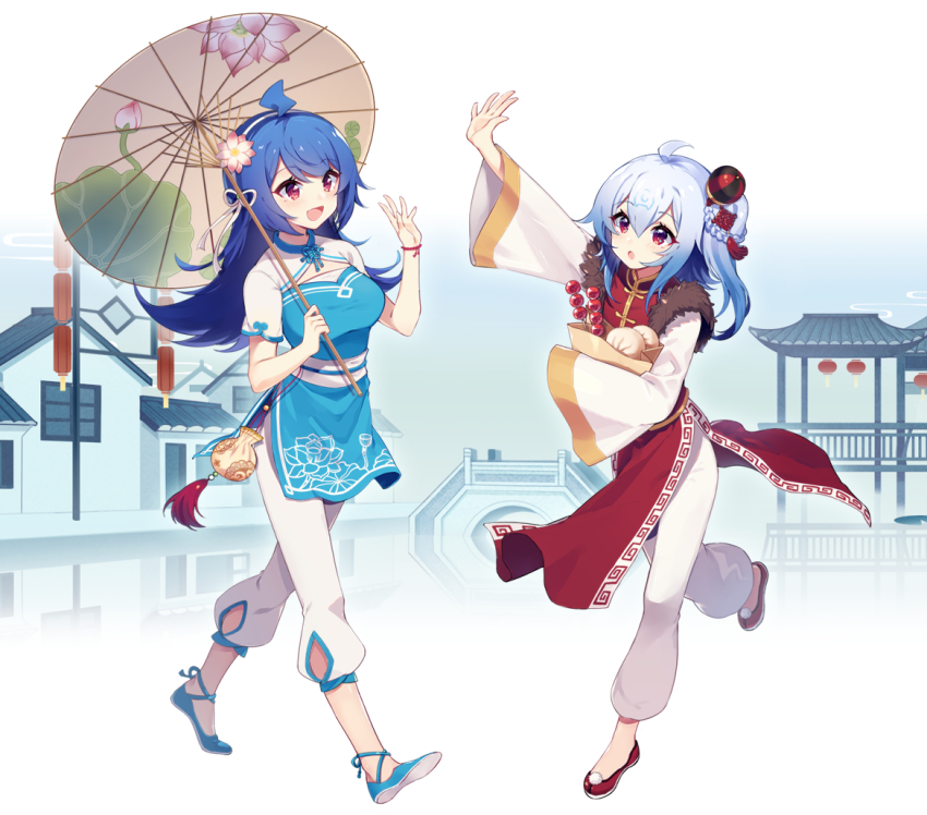 2girls ahoge bili_girl_22 bili_girl_33 bilibili blue_hair blush breasts flat_chest flower hair_flower hair_ornament large_breasts long_hair long_sleeves looking_at_another multiple_girls oil-paper_umbrella open_mouth pagoda parted_lips sharlorc short_hair short_sleeves side_ponytail smile umbrella