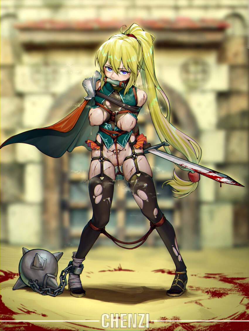 1girl absurdres arena arms_behind_back ball_and_chain_restraint bdsm bit_gag black_thighhighs blonde_hair blood blue_eyes bondage bound breasts chen_zi cuffs cum cumdrip cuts gag gagged garter_straps highres holding holding_sword holding_weapon injury lactation large_breasts long_hair looking_at_viewer nipples object_insertion original ponytail pubic_tattoo sex_toy shackles shibari side_cape solo standing sword tattoo thighhighs torn_clothes vaginal vaginal_object_insertion vibrator weapon