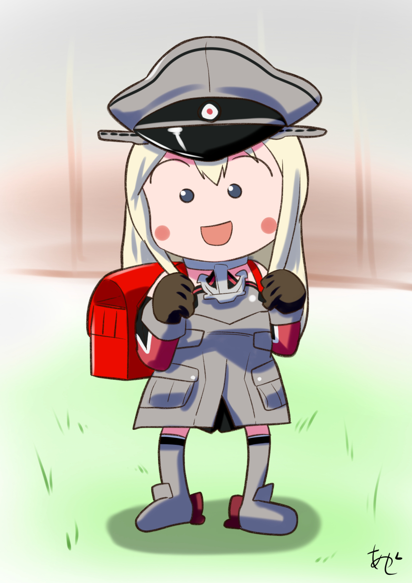 1girl akashieru anchor_ornament artist_logo backpack bag bismarck_(kancolle) blue_eyes blush_stickers brown_gloves chibi chibi_maruko-chan dress full_body gloves grey_dress grey_hat hat highres kantai_collection logo long_hair looking_at_viewer military_uniform one-hour_drawing_challenge parody peaked_cap randoseru solo style_parody