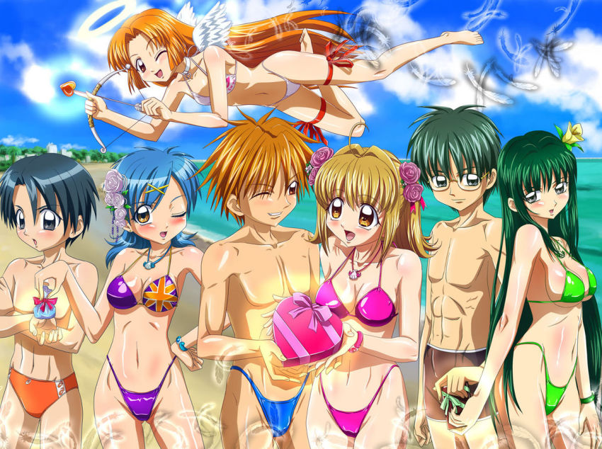 00s 3boys 4girls abs angel angel_wings ankoku_tiger asics beach bikini black_eyes blonde_hair blue_hair blue_male_swimwear blush breasts brown_eyes brown_male_swimwear brown_swim_trunks cleavage cupid doumoto_kaito glasses green_hair hamasaki_masahiro houshou_hanon large_breasts long_hair male_swimwear mermaid_melody_pichi_pichi_pitch multiple_boys multiple_girls nanami_lucia navel one_eye_closed orange_hair orange_male_swimwear orange_swim_briefs seira_(mermaid_melody_pichi_pichi_pitch) shirai_nagisa short_hair smile swim_briefs swim_trunks swimsuit thong topless_male touin_rina underboob union_jack_bikini union_jack_print united_kingdom_bikini united_kingdom_flag_print very_long_hair wings wink