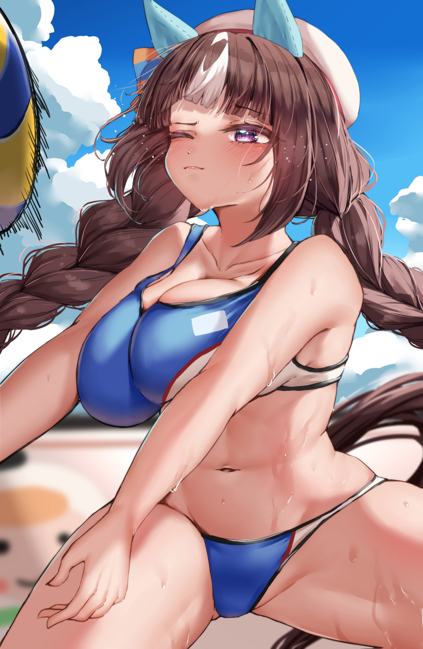 1girl absurdres beach beach_volleyball beret bikini black_hair blunt_bangs blurry blurry_background braid breast_press breasts cleavage closed_mouth collarbone commentary_request hat highres hokko_tarumae_(umamusume) horse_girl large_breasts long_braid looking_at_viewer motion_lines navel purple_eyes raised_eyebrows sky solo speed_lines sweat swimsuit tabunshake tomachop twin_braids umamusume