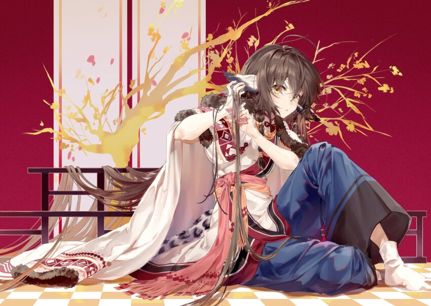 1girl :o absurdly_long_hair absurdres ahoge ainu_clothes animal_ears anju_(utawarerumono) blue_pants braid brown_hair brushing_hair coat highres leopard_tail long_hair looking_at_viewer multiple_braids pants puffy_pants rain_(regen) socks solo tabi tail utawarerumono utawarerumono:_futari_no_hakuoro utawarerumono:_itsuwari_no_kamen very_long_hair white_coat white_socks yellow_eyes