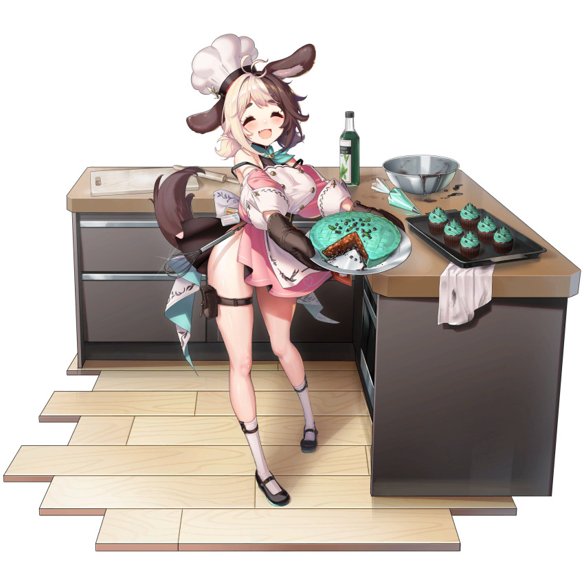 1girl animal_ear_fluff animal_ears ankle_socks apron back_bow bare_shoulders belt black_belt black_shoes blush bow bowl breasts brown_hair buttons chef_hat chocolate_chip chocolate_tart cleaning_rag closed_eyes counter cupcake cutting_board dispenser dog_ears dog_girl dog_tail double-breasted dress english_text fang food full_body glass_bottle green_neckerchief grey_hair hachiko_of_castling hat heart highres holding holding_plate huge_bow kitchen large_breasts last_origin low_twintails mary_janes mel_(dodosae) melting mint mint_chocolate_(razschi) multicolored_hair neckerchief off-shoulder_dress off_shoulder official_alternate_costume official_art open_mouth oven oven_mitts pastry_bag pigeon-toed pink_dress plate pouch puffy_sleeves rolling_pin shoes short_dress short_twintails side_slit sidelocks socks solo spice split-color_hair standing tachi-e tail tareme thick_eyebrows thick_thighs thigh_belt thigh_pouch thigh_strap thighs third-party_source tongue transparent_background tray twintails two-tone_hair valentine whisk white_apron white_bow white_hat white_socks wooden_floor