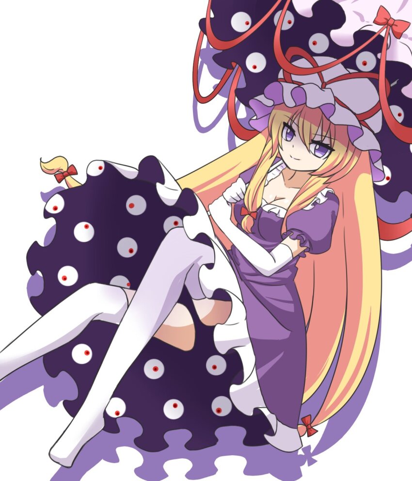 1girl blonde_hair breasts cleavage dress elbow_gloves frills gap_(touhou) gloves hair_between_eyes hair_ribbon hat highres holding holding_umbrella long_hair looking_at_viewer mob_cap purple_dress purple_eyes ribbon short_sleeves smile solo thighhighs touhou umbrella very_long_hair white_background white_gloves white_thighhighs yakumo_yukari zenji029