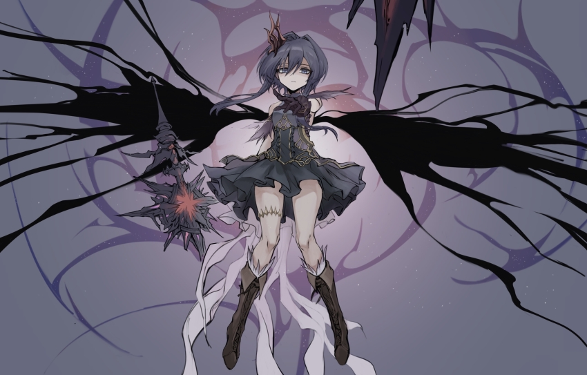 a_miz boots crown dress gloves hair_ornament highres legs looking_at_viewer purple_hair shadowverse shingeki_no_bahamut skirt spinaria_(shingeki_no_bahamut) wings