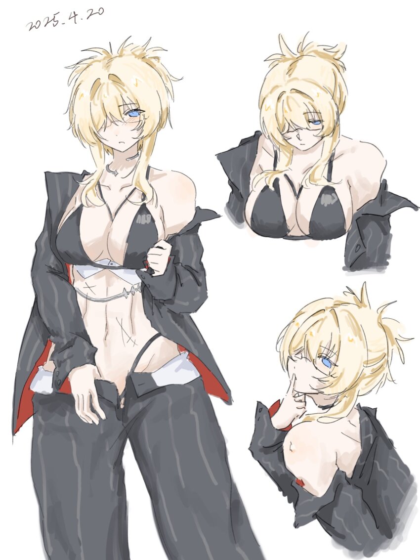 1girl blonde_hair blue_eyes breasts glasses goddess_of_victory:_nikke grave_(beautiful_you)_(nikke) grave_(nikke) highres multiple_scars navel official_alternate_hairstyle pants pinstripe_jacket pinstripe_pants pinstripe_pattern scar scar_on_stomach simple_background solo uko_tiao white_background