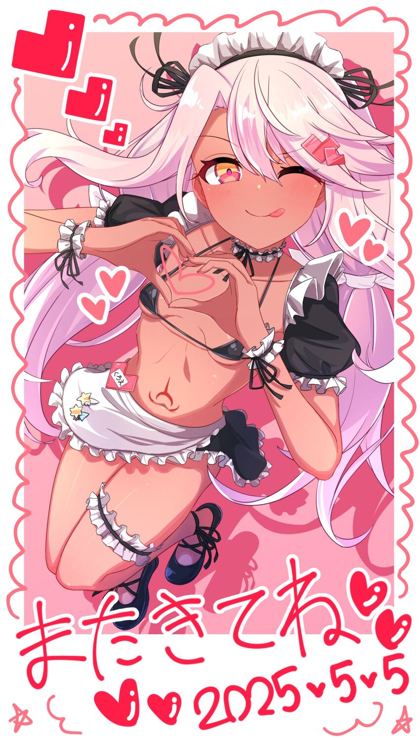 1girl absurdres apron bikini black_bikini black_skirt blush breasts chawan_(yultutari) chloe_von_einzbern choker collarbone dark-skinned_female dark_skin detached_sleeves fate/kaleid_liner_prisma_illya fate_(series) frilled_choker frilled_thigh_strap frilled_wrist_cuffs frills heart heart_hands highres long_hair looking_at_viewer maid_headdress micro_bikini miniskirt navel one_eye_closed orange_eyes pink_hair puffy_short_sleeves puffy_sleeves short_sleeves sidelocks skirt small_breasts smile solo stomach_tattoo swimsuit tattoo thigh_strap tongue tongue_out translation_request waist_apron white_apron wrist_cuffs