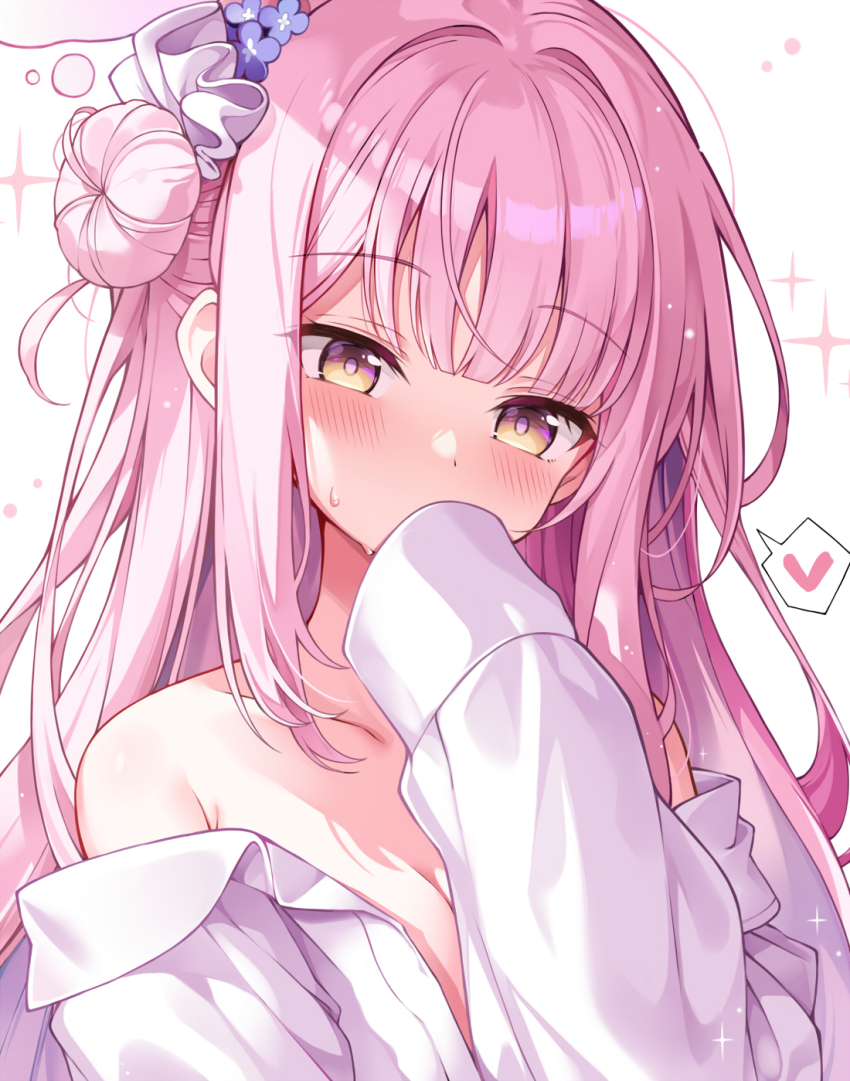 1girl bare_shoulders blue_archive blush breasts hair_bun hair_ornament halo heart highres long_hair mika_(blue_archive) myuton open_clothes open_shirt pink_hair shirt sidelocks white_background white_shirt yellow_eyes