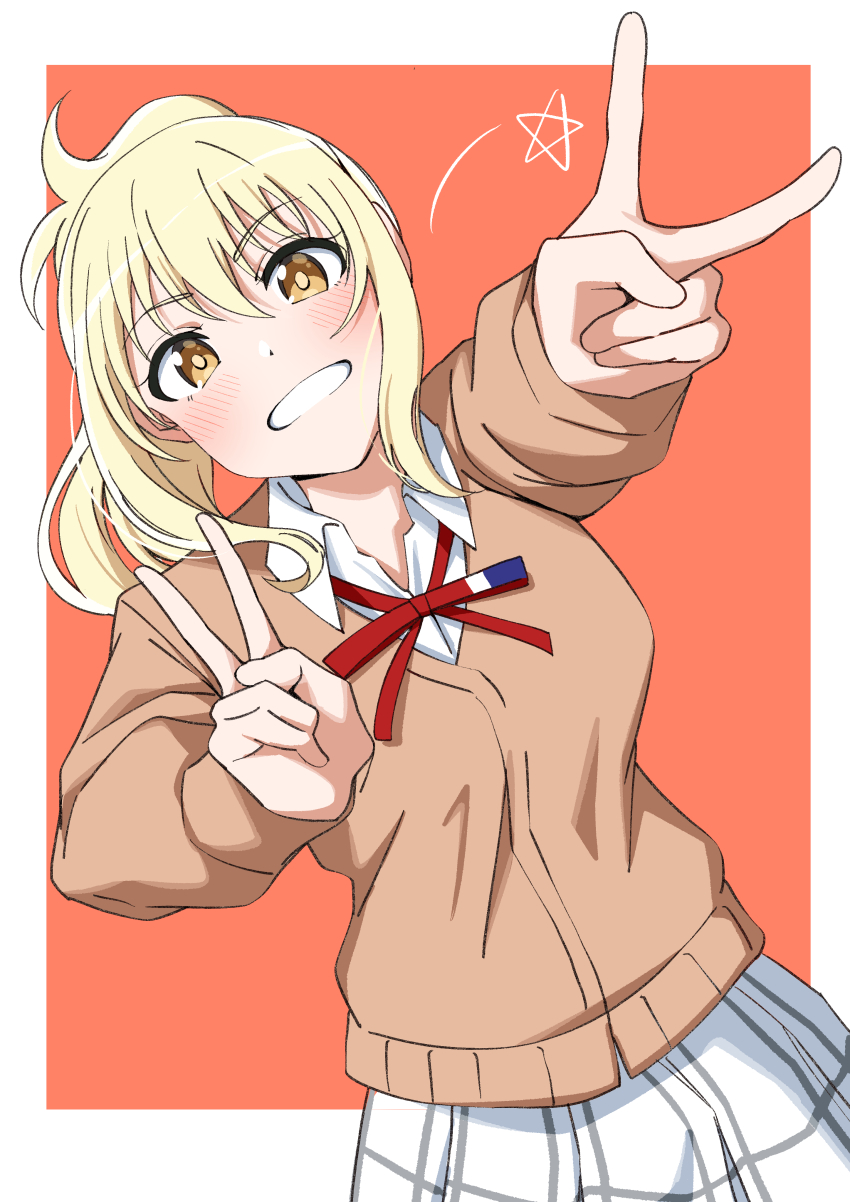 1girl absurdres blonde_hair border breasts brown_cardigan cardigan collared_shirt commentary cowboy_shot double_v dress_shirt foreshortening grin gyaru hair_between_eyes highres kogal large_breasts long_hair looking_at_viewer love_live! love_live!_nijigasaki_high_school_idol_club miyashita_ai orange_background orange_eyes outside_border outstretched_arm plaid_clothes plaid_skirt pleated_skirt ponytail shirt sidelocks simple_background skirt smile solo star_(symbol) uchuu_no_mozuku v white_border white_shirt white_skirt