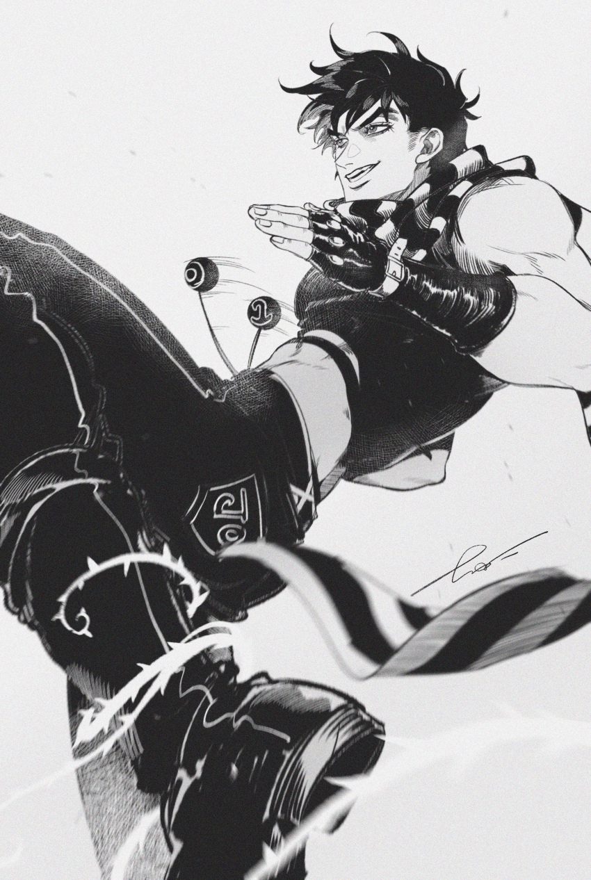 1boy absurdres battle_tendency black_hair bola_(weapon) buffoon clacker commentary crop_top crosshatching fingerless_gloves gloves greyscale hatching_(texture) hermit_purple highres jojo_no_kimyou_na_bouken joseph_joestar joseph_joestar_(young) monochrome muscular muscular_male scarf signature solo stand_(jojo) striped_clothes striped_scarf