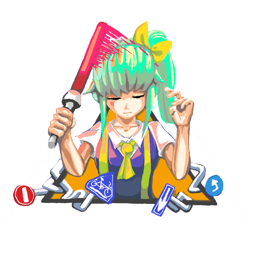 1girl abeboukou ascot bicycles_only_sign blue_dress bow closed_eyes closed_mouth commentary_request cookie_(touhou) daiyousei diyusi_(cookie) dress green_hair hair_bow high-visibility_clothing high-visibility_vest holding light_trail medium_hair no_entry_sign one_way_sign pinafore_dress ponytail road_sign shirt sign simple_background sleeveless sleeveless_dress solo touhou traffic_baton upper_body white_background white_shirt yellow_ascot yellow_bow