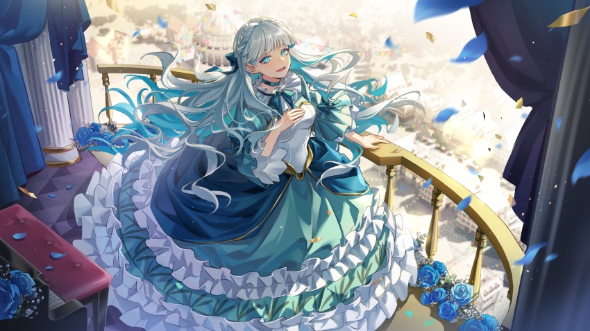 1girl :d absurdres aqua_eyes balcony blue_bow blue_bowtie blue_choker blue_dress blue_flower blue_hair blue_rose bow bowtie braid breasts bright_pupils canon_(takt_op.) choker city collar colored_inner_hair column curtains day dress european_architecture eyeshadow falling_petals flower frilled_collar frilled_dress frills from_above full_body gown grey_hair hair_bow half_up_braid hand_on_own_chest hand_on_railing highres juliet_sleeves kongzao light_blue_hair long_dress long_hair long_sleeves looking_at_viewer makeup medium_breasts multicolored_hair open_mouth petals pillar puffy_sleeves purple_eyeshadow rose smile solo stool takt_op. tile_floor tiles very_long_hair wavy_hair white_pupils