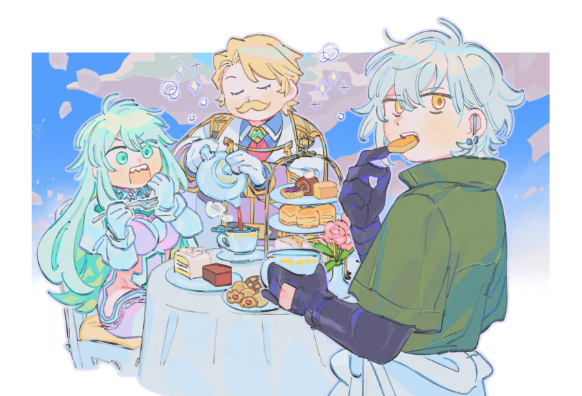 1girl 2boys aqua_hair ascot black_gloves blonde_hair blue_shirt bodysuit cake cake_slice chair closed_eyes collared_jacket colored_inner_hair cookie crystal_hair cup ear_piercing eating facial_hair fate/grand_order fate_(series) flower food fork gloves gold_trim goredolf_musik green_hair green_jacket holding holding_cup holding_teapot jacket kadoc_zemlupus kukulkan_(fate) kukulkan_(second_ascension)_(fate) layered_sleeves leotard long_hair long_sleeves multicolored_hair multiple_boys mustache oneroom-disco piercing plate pouring red_ascot saucer scone sharp_teeth shirt short-sleeved_jacket short_over_long_sleeves short_sleeves sideless_outfit sparkle swiss_roll table tea tea_set teacup teapot teeth tiered_tray tray vase white_gloves white_hair white_jacket white_leotard yellow_eyes
