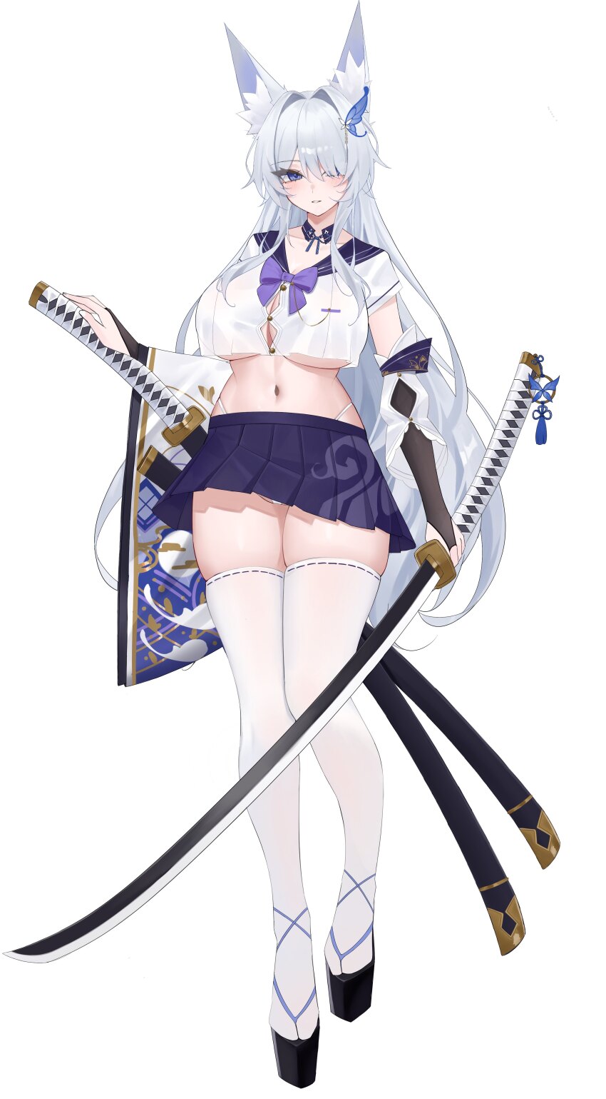 1girl absurdres animal_ear_fluff breasts bridal_gauntlets commentary crop_top english_commentary first_one14 full_body hair_over_one_eye highres large_breasts long_hair long_sleeves midriff miniskirt multiple_swords navel original panty_straps pleated_skirt purple_eyes purple_sailor_collar purple_skirt sailor_collar sheath sheathed shirt simple_background skirt solo thighhighs underboob unsheathed very_long_hair white_background white_hair white_shirt white_thighhighs zettai_ryouiki