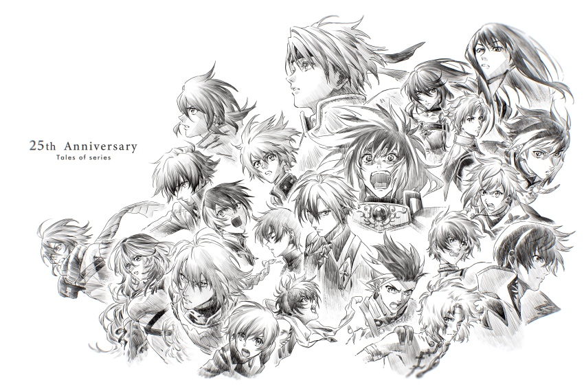 2girls 6+boys absurdres allen_(tales) anniversary asbel_lhant breasts caius_qualls choker copyright_name cress_albane emil_castagnier everyone eyebrows_hidden_by_hair floating_scarf greyscale head_tilt headband highres ix_nieves jude_mathis kanata_hjuger kor_meteor kyle_dunamis lloyd_irving looking_at_viewer looking_back looking_to_the_side looking_up ludger_will_kresnik luke_fon_fabre medium_breasts milla_maxwell monochrome mosako multiple_boys multiple_girls namco open_mouth reid_hershel ruca_milda scarf senel_coolidge sorey_(tales) stahn_aileron tales_of_(series) tales_of_berseria tales_of_crestoria tales_of_destiny tales_of_destiny_2 tales_of_eternia tales_of_graces tales_of_hearts tales_of_innocence tales_of_legendia tales_of_link tales_of_phantasia tales_of_phantasia:_narikiri_dungeon tales_of_phantasia:_narikiri_dungeon_x tales_of_rebirth tales_of_symphonia tales_of_symphonia:_dawn_of_the_new_world tales_of_the_abyss tales_of_the_rays tales_of_the_tempest tales_of_vesperia tales_of_xillia tales_of_xillia_2 tales_of_zestiria upper_body veigue_lungberg velvet_crowe white_background yuri_lowell