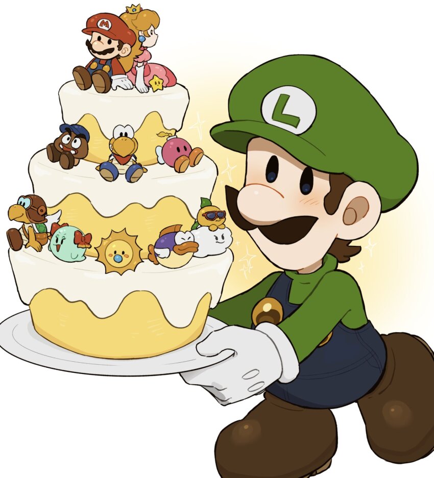 3girls 6+boys blue_eyes blue_overalls bombette brown_hair cake crown facial_hair food gloves goombario green_shirt hat highres jewelry kooper lakilester long_hair luigi male_focus mario mario_(series) mimimi_(mimimim9999) multiple_boys multiple_girls mustache nintendo open_mouth overalls paper_mario paper_mario_(character) paper_mario_64 parakarry princess_peach shirt short_hair smile sushie twink_(paper_mario) watt_(paper_mario) white_gloves