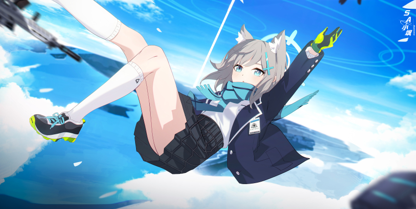 1girl absurdres animal_ear_fluff animal_ears black_shoes black_skirt blue_eyes blue_jacket blue_necktie blue_scarf blush cross_hair_ornament extra_ears gloves green_gloves grey_hair hair_ornament hayate_(1034853996) highres jacket kneehighs long_hair necktie plaid_clothes plaid_skirt pleated_skirt scarf shiroko_(blue_archive) shirt shoes sidelocks skirt socks solo white_shirt white_socks wolf_ears wolf_girl