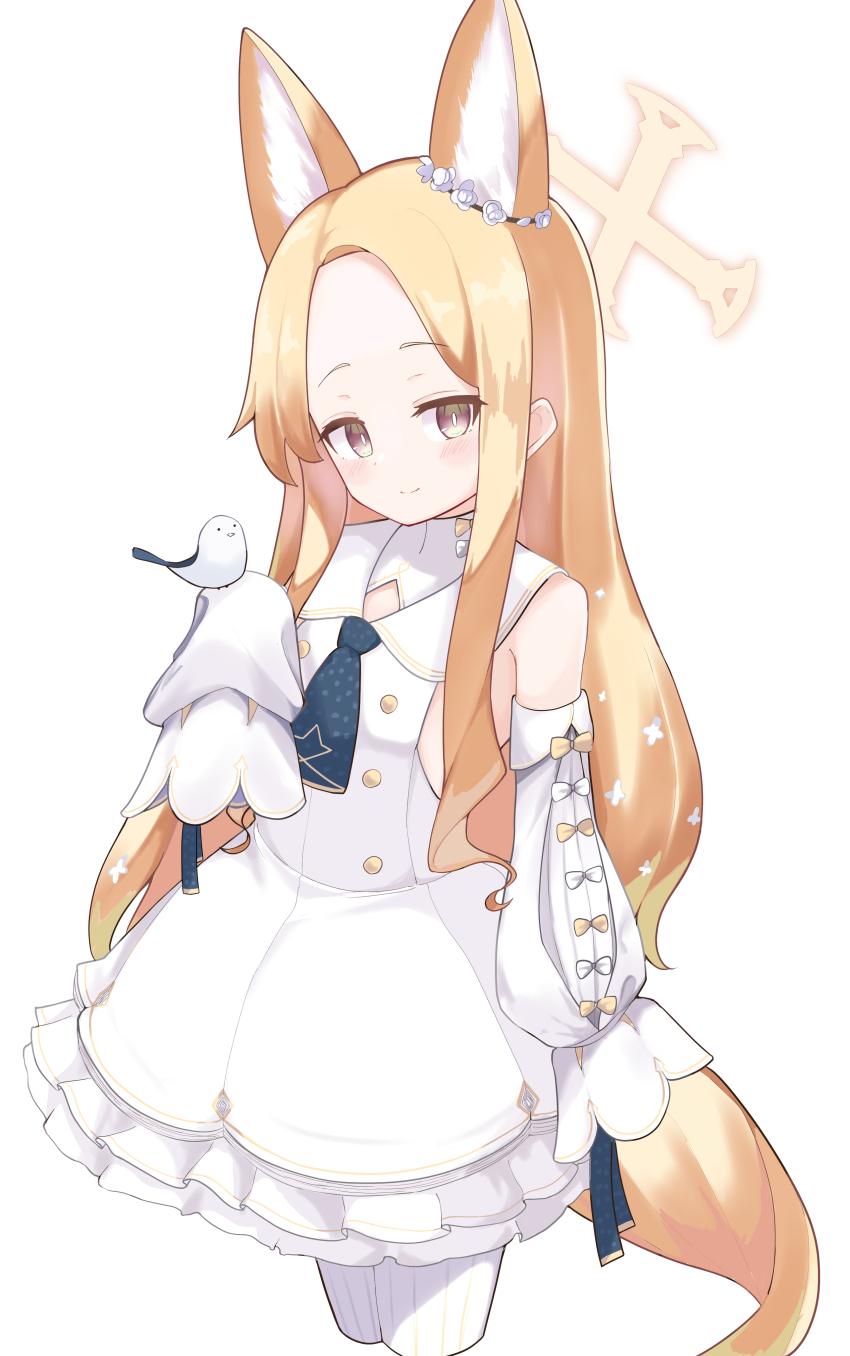 1girl absurdres animal_ear_fluff animal_ears arm_at_side bare_shoulders bird bird_on_hand blonde_hair blue_archive blush bright_pupils closed_mouth commentary cowboy_shot cross_halo detached_sleeves double_bun dress extra_ears forehead fox_ears fox_girl fox_tail frilled_dress frills hair_bun halo hand_up happy highres long_hair looking_at_viewer multicolored_eyes osmium-76 pantyhose parted_bangs pink_eyes seia_(blue_archive) sidelocks simple_background sleeveless sleeveless_dress sleeves_past_fingers sleeves_past_wrists slit_pupils smile solo split_mouth straight_hair striped_clothes striped_pantyhose tail two-tone_eyes vertical-striped_clothes vertical-striped_pantyhose very_long_hair white_background white_dress white_pantyhose white_pupils wide_sleeves yellow_eyes yellow_halo