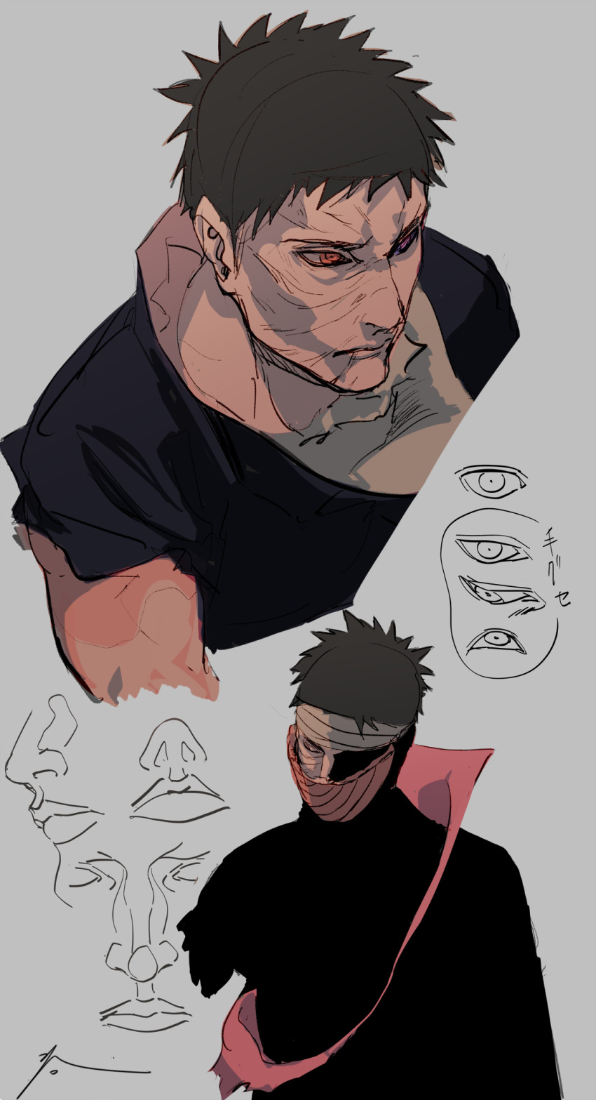 1boy akatsuki_uniform black_hair closed_mouth grey_background highres male_focus mask naruto_(series) naruto_shippuuden ninja red_eyes sharingan short_hair simple_background solo spiked_hair tobi_(naruto) uchiha_obito upper_body zifletts