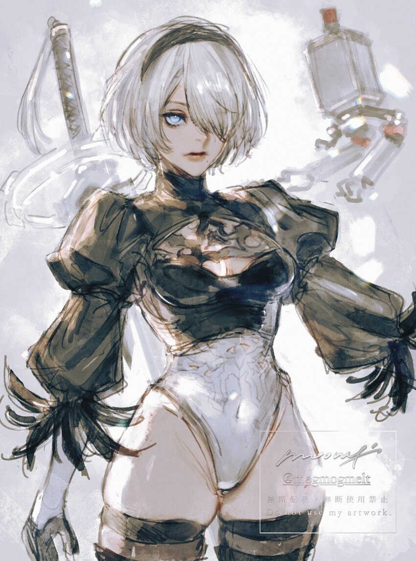 1girl 2b_(nier:automata) absurdres black_hairband blue_eyes breasts cleavage cleavage_cutout clothing_cutout commentary_request hair_over_one_eye hairband highleg highleg_leotard highres leotard looking_at_viewer medium_breasts mole mole_under_mouth moony_(mogmogmelt) nier:automata nier_(series) pink_lips pod_(nier:automata) short_hair skindentation standing sword sword_on_back watermark weapon weapon_on_back white_hair