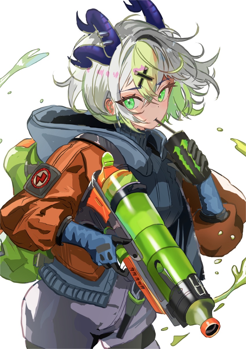 1girl alternate_ears blue_bodysuit blue_gloves bodysuit apricot_the_lich can colored_inner_hair cosplay demon_horns drinking drinking_straw drinking_straw_in_mouth gloves green_eyes green_hair hair_between_eyes hair_ornament highres holding holding_can holding_weapon hood hooded_bodysuit hooded_jacket horns jacket looking_at_viewer mochimochi_589 monster_energy multicolored_hair multiple_horns orange_jacket purple_horns ribbed_bodysuit solo streaked_hair virtual_youtuber vshojo wattson_(apex_legends) wattson_(apex_legends)_(cosplay) weapon white_background white_hair x_hair_ornament