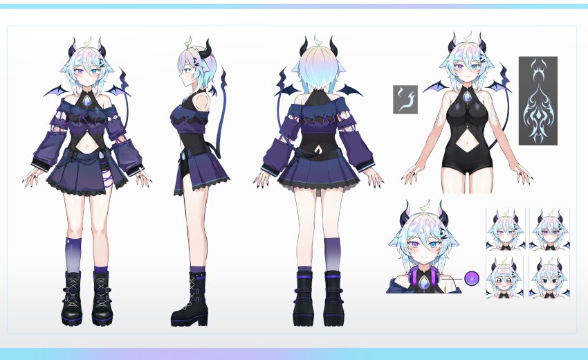 1girl absurdres ahoge arm_tattoo asymmetrical_legwear black_footwear blue_eyes blush boots breasts reference_sheet closed_mouth clothing_cutout commentary english_commentary multiple_expressions full_body gradient_background gradient_clothes gradient_legwear gradient_skirt heterochromia highres horns luzzi_(milllim) mini_wings multicolored_hair multiple_views navel_cutout official_art purple_eyes second-party_source short_hair skirt smile standing stellarversepro tail tattoo tokaku-n uneven_legwear virtual_youtuber wings