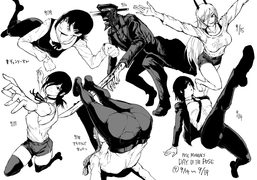 1boy 5girls braid braided_ponytail breasts chainsaw_man choker commentary_request dated dress eyepatch fan_no_hitori formal_clothes greyscale hair_ornament hair_over_one_eye hairclip higashiyama_kobeni highres himeno_(chainsaw_man) katana_man_(chainsaw_man) long_coat long_dress long_hair makima_(chainsaw_man) medium_breasts monochrome multiple_girls necktie ponytail power_(chainsaw_man) reaching reaching_towards_viewer reze_(chainsaw_man) sharp_teeth short_hair short_shorts shorts side_slit single_braid suit sword teeth thighhighs translation_request weapon