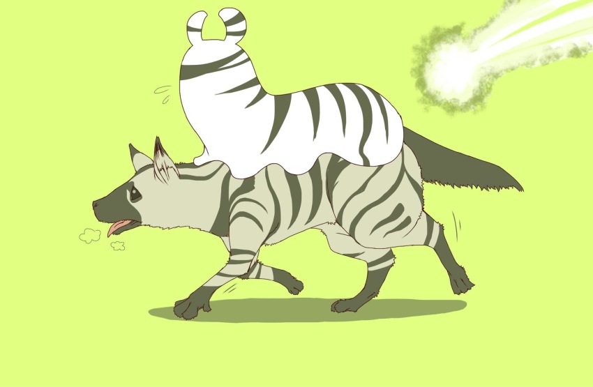 aardwolf aardwolf_(kemono_friends) animalization flying_sweatdrops heavy_breathing highres kemono_friends no_humans plains_zebra_(kemono_friends) riding sandstar savanna_striped_giant_slug_(kemono_friends) simple_background slug tsuno_(ikkakusu) yellow_background