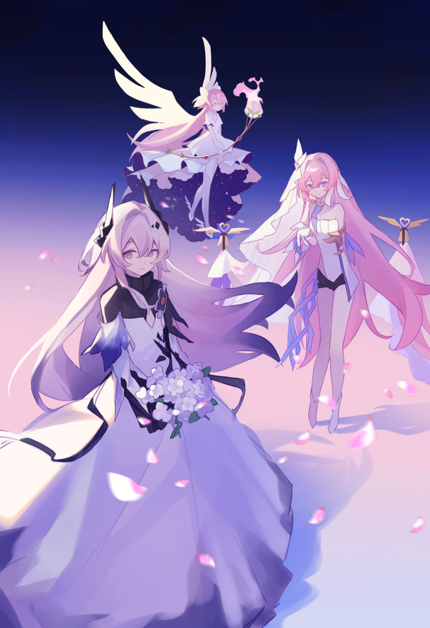 3girls absurdres angel_wings arknights bell bouquet bow_(weapon) chinese_commentary color_connection commentary_request corset demon_girl demon_horns dress elysia_(herrscher_of_human:_ego)_(honkai_impact) elysia_(honkai_impact) falling_petals flower gloves hair_color_connection highres holding holding_bouquet holding_bow_(weapon) holding_weapon honkai_(series) honkai_impact_3rd horns kaname_madoka kuroko00830 long_hair mahou_shoujo_madoka_magica material_growth multiple_girls oripathy_lesion_(arknights) pantyhose petals pink_eyes purple_eyes shoes smile theresa_(arknights) trait_connection ultimate_madoka veil very_long_hair weapon white_corset white_dress white_gloves white_pantyhose white_shoes white_veil wings