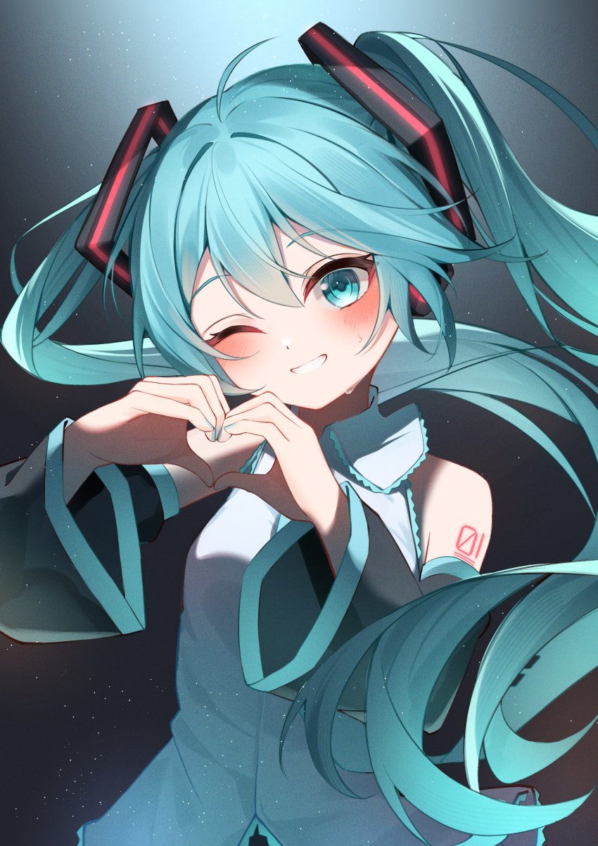 1girl :d absurdres aqua_eyes aqua_hair aqua_nails aqua_necktie aqua_trim bare_shoulders black_skirt blush breasts commentary detached_sleeves grin hair_ornament hair_tie hatsune_miku head_tilt headset heart heart_hands highres long_hair looking_at_viewer necktie number_tattoo one_eye_closed open_mouth pleated_skirt ryaru_ryaru shirt skirt small_breasts smile solo sweatdrop tattoo twintails upper_body very_long_hair vocaloid white_shirt wide_sleeves