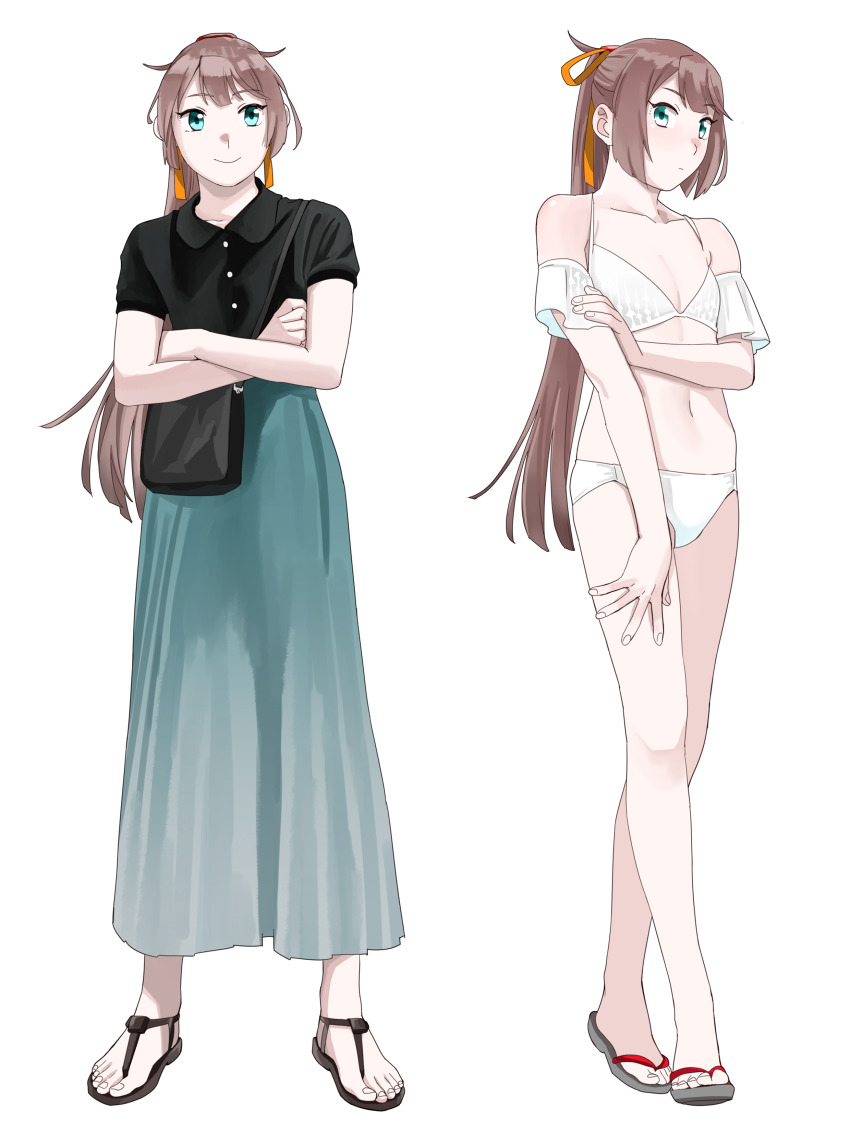 1girl absurdres alternate_costume aqua_eyes bag bikini black_shirt closed_mouth crossed_arms flat_chest flip-flops hair_ribbon highres kantai_collection kazagumo_(kancolle) kazagumo_kai_ni_(kancolle) kazagumo_kai_ni_(swimsuit)_(kancolle) long_hair long_skirt multiple_views ojipon ponytail ribbon sandals shirt short_sleeves simple_background skirt smile swimsuit white_background white_bikini