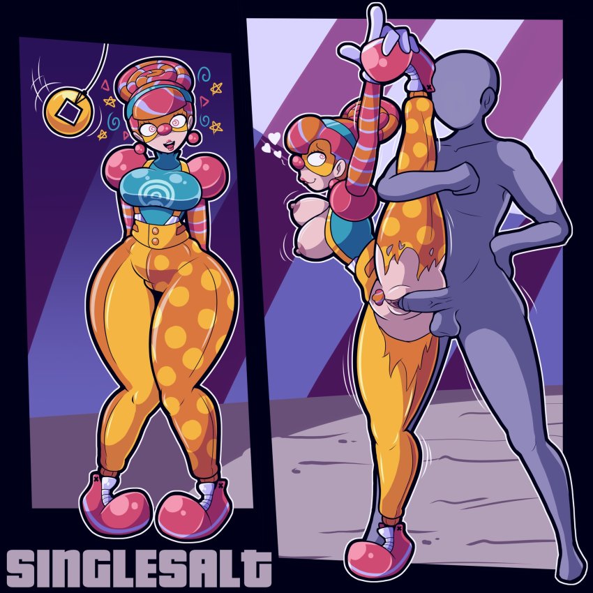 1boy 1girl arms_(game) artist_name ass blouse breasts breasts_out clitoris clothed_female_nude_male clown curvy earrings fat_mons gloves happy_sex hetero highres hypnosis jewelry large_breasts leg_up lola_pop mask mind_control motion_lines multicolored_hair multiple_views nintendo nipples nude open_clothes open_shirt overalls pants pubic_hair red_nose sex shiny_skin shirt singlesalt smile standing standing_on_one_leg standing_sex symbol-shaped_pupils thick_thighs thighs torn_clothes torn_pants vaginal wide_hips