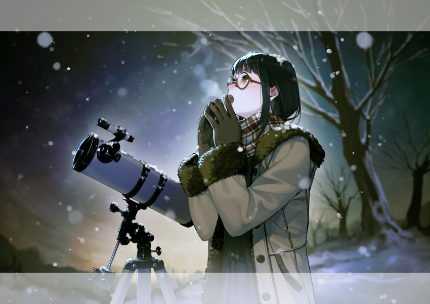1girl absurdres bare_tree beige_coat black_hair blurry blurry_background blush breath brown_gloves brown_scarf coat cold ears_visible_through_hair eyelashes fur-trimmed_sleeves fur_trim gloves highres kyo_(kuroichigo) long_eyelashes long_hair night night_sky open_clothes open_coat open_mouth original outdoors plaid_clothes plaid_scarf scarf sky snow snow_on_head snowing solo teeth telescope tree upper_teeth_only winter_clothes yellow_eyes