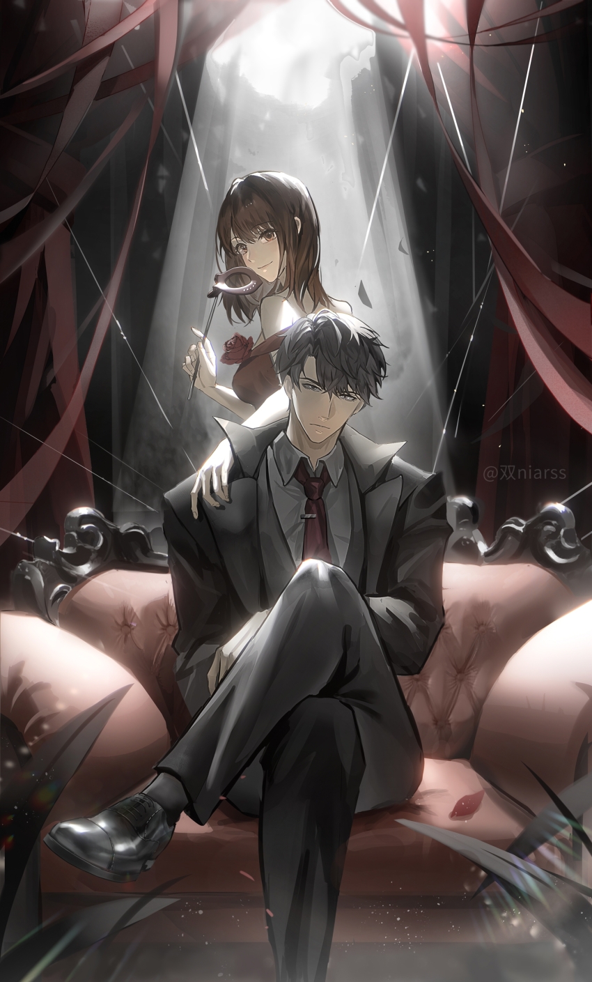 1boy 1girl :| absurdres armchair back-to-back bare_shoulders black_eyes black_hair black_jacket black_pants black_socks black_suit black_vest brown_eyes brown_hair chair closed_mouth collared_shirt commission crossed_legs curtained_hair curtains domino_mask dress dress_flower dress_shoes expressionless falling_petals flower foot_out_of_frame formal_clothes grey_shirt hair_between_eyes highres holding holding_mask indoors jacket lapels li_zeyan light_particles long_sleeves looking_at_viewer looking_back love_and_producer mask masquerade_mask medium_hair necktie niarss notched_lapels off-shoulder_dress off_shoulder open_clothes open_jacket oxfords pants petals plant protagonist_(love_and_producer) red_dress red_flower red_necktie red_rose rose shirt short_hair short_sleeves sitting smile socks spotlight string suit tie_clip unworn_mask vest