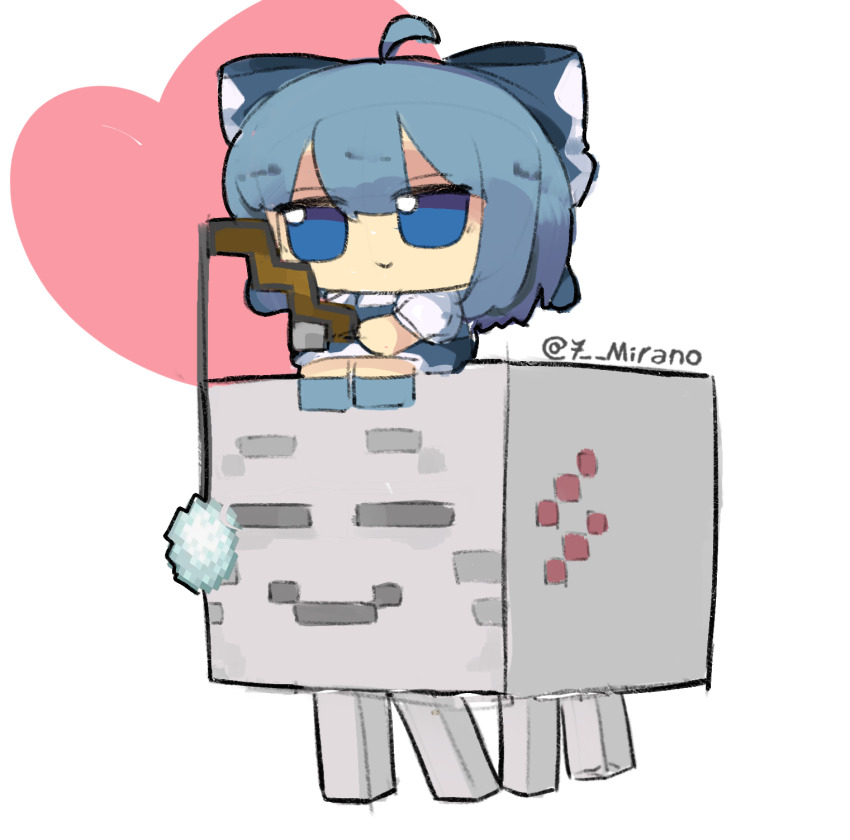 1girl 7-mirano blue_bow blue_dress blue_eyes blue_hair bow cirno closed_eyes closed_mouth dress fumo_(doll) ghast hair_bow happy_ghast highres minecraft puffy_sleeves short_hair short_sleeves smile solo touhou