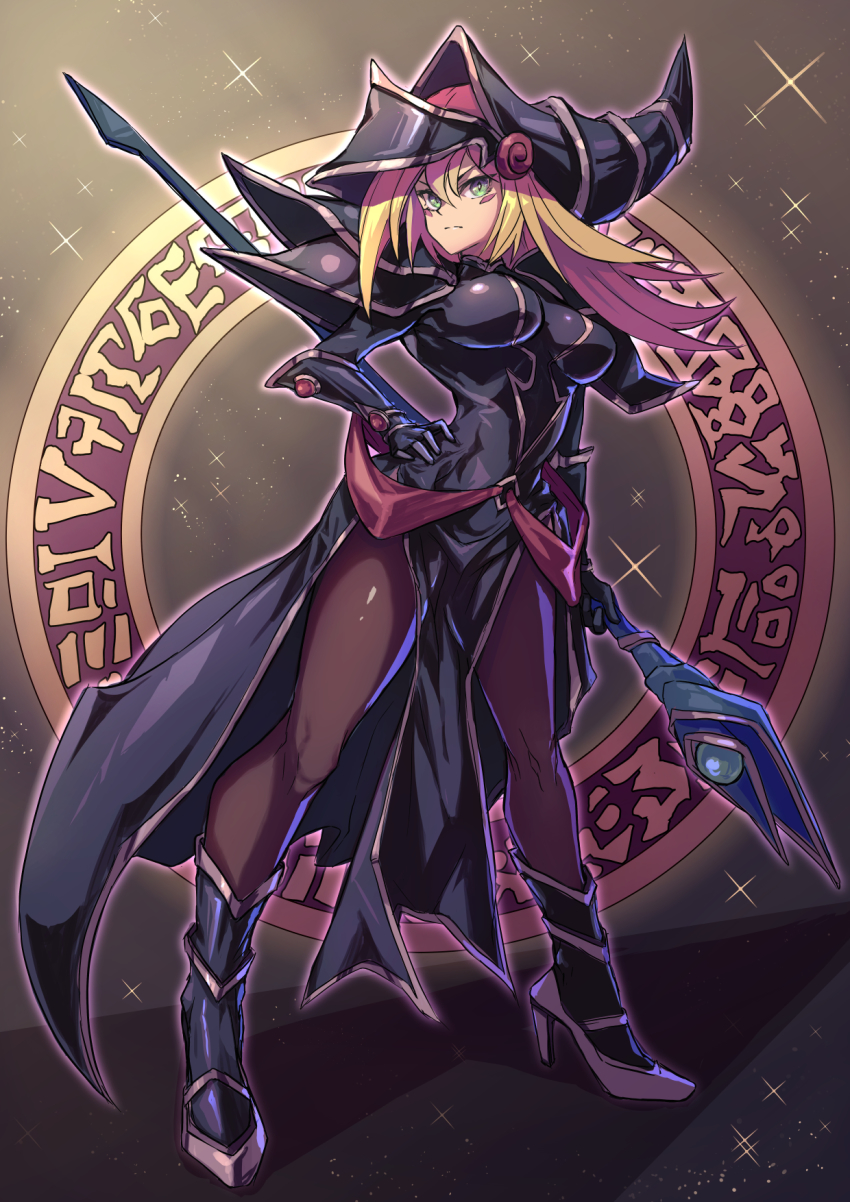 1girl blonde_hair boots breasts brown_pantyhose cosplay dark_magician dark_magician_(cosplay) dark_magician_girl duel_monster frown full_body hand_on_own_hip hat highres holding holding_staff knee_boots large_breasts looking_to_the_side pantyhose shouma_(bravespiritya) staff standing wizard_hat yu-gi-oh!