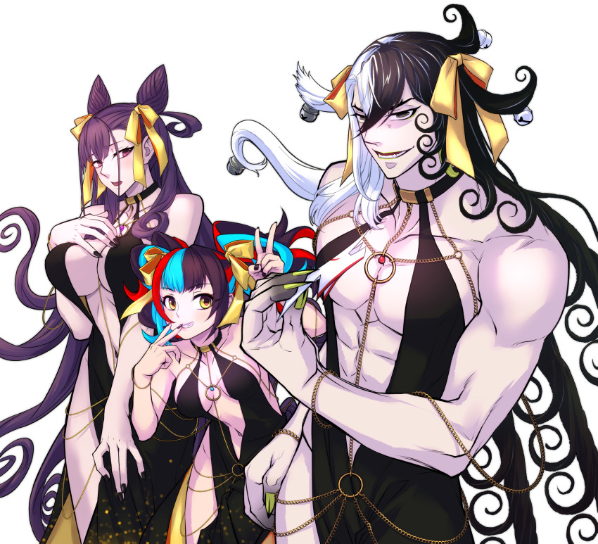 1boy 2girls ashiya_douman_(fate) bb_(fate) bb_dubai_(fate) bb_dubai_(fate)_(cosplay) black_dress black_eyes black_hair black_nails blue_hair breasts cone_hair_bun cosplay dress fate/grand_order fate_(series) green_nails hair_bun highres large_breasts long_hair medium_breasts multicolored_hair multiple_girls murasaki_shikibu_(fate) purple_eyes purple_hair red_hair ria_(ria89921957) sei_shounagon_(fate) shikigami very_long_hair white_hair yellow_eyes