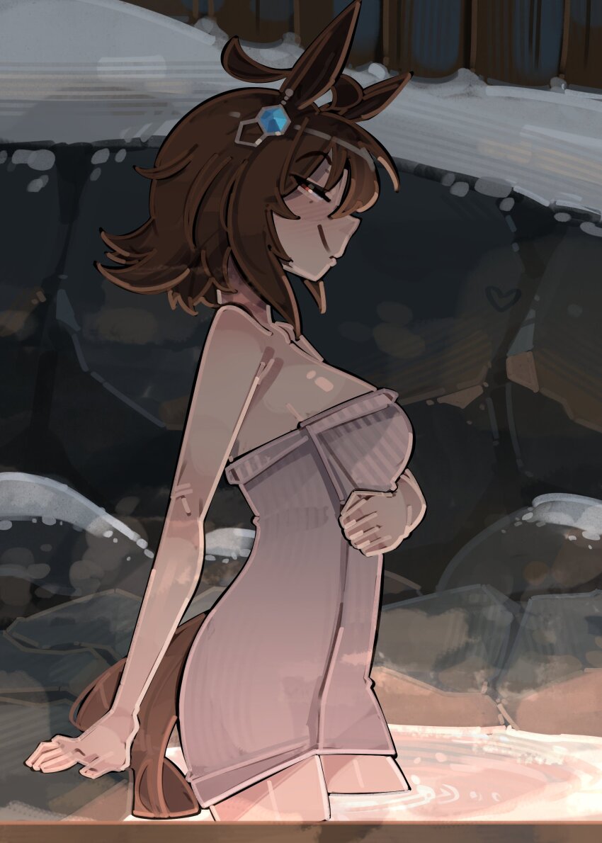 1girl absurdres agnes_tachyon_(umamusume) ahoge animal_ears arm_under_breasts blush breasts brown_hair brown_tail chemical_structure from_side heart highres horse_ears horse_girl horse_tail huge_ahoge looking_at_viewer looking_to_the_side medium_breasts medium_hair naked_towel onsen red_eyes rock seductive_smile shuuko_(s_h_uuko) sideways_glance smile snow solo tail towel umamusume wading water wolf_cut