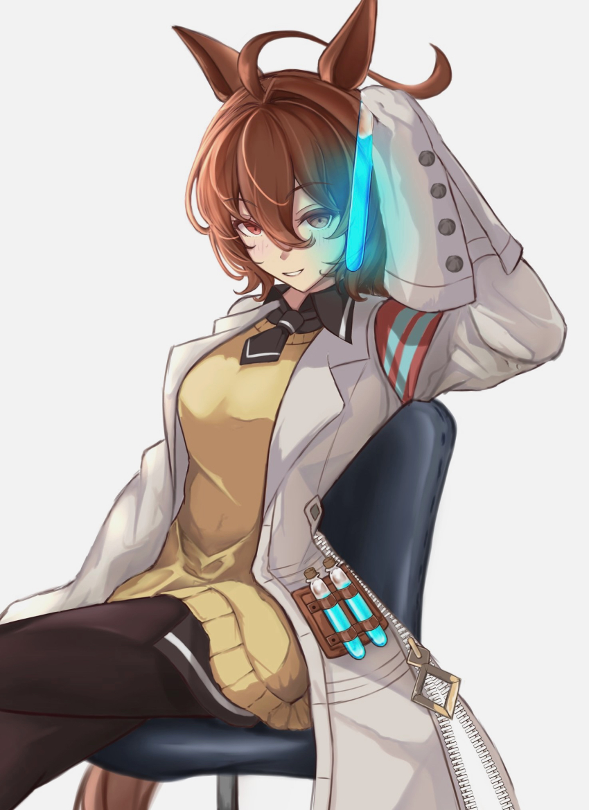 1girl agnes_tachyon_(umamusume) ahoge animal_ears bandolier belt black_necktie black_pantyhose black_shirt breasts brown_hair closed_mouth collared_shirt commentary_request cork hair_between_eyes highres holding holding_test_tube horse_ears horse_girl horse_tail looking_at_viewer medium_breasts necktie pantyhose peperoncino-sama red_eyes shirt short_hair simple_background smile solo sweater_vest tail test_tube umamusume white_background yellow_sweater_vest