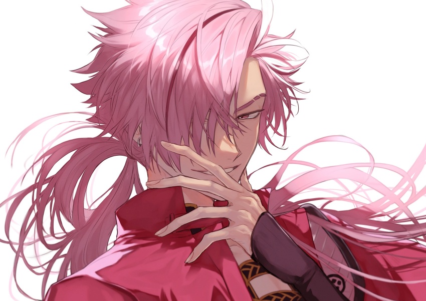 1boy commentary earrings eyebrow_cut fate/grand_order fate_(series) floating_hair grin hair_over_one_eye hand_up highres jacket jewelry long_hair looking_at_viewer male_focus multicolored_hair nagatekkou one_eye_covered open_clothes open_jacket parted_bangs pink_hair red_eyes red_hair red_jacket simple_background smile solo streaked_hair symbol-only_commentary takasugi_shinsaku_(fate) teeth upper_body v-shaped_eyebrows white_background yuta_arata