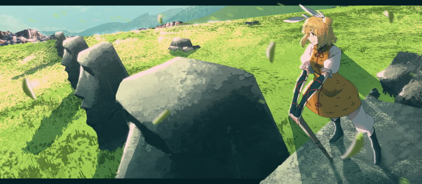 1girl arm_guards black_boots blonde_hair boots boulder breasts cliff commentary_request double_bun dress dutch_angle easter_island floating_hair frilled_sleeves frills from_above full_body grass hair_bun hair_ribbon hands_on_hilt highres irohasu_(sasagarasu) joutouguu_mayumi knee_boots landmark landscape leaf letterboxed looking_to_the_side meadow moai mountainous_horizon neck_ribbon outstretched_arms pants planted profile puffy_short_sleeves puffy_sleeves red_ribbon ribbon rock scenery shirt short_hair short_sleeves small_breasts smile solo standing standing_on_object statue touhou v_arms vambraces white_pants white_ribbon white_shirt wind yellow_dress