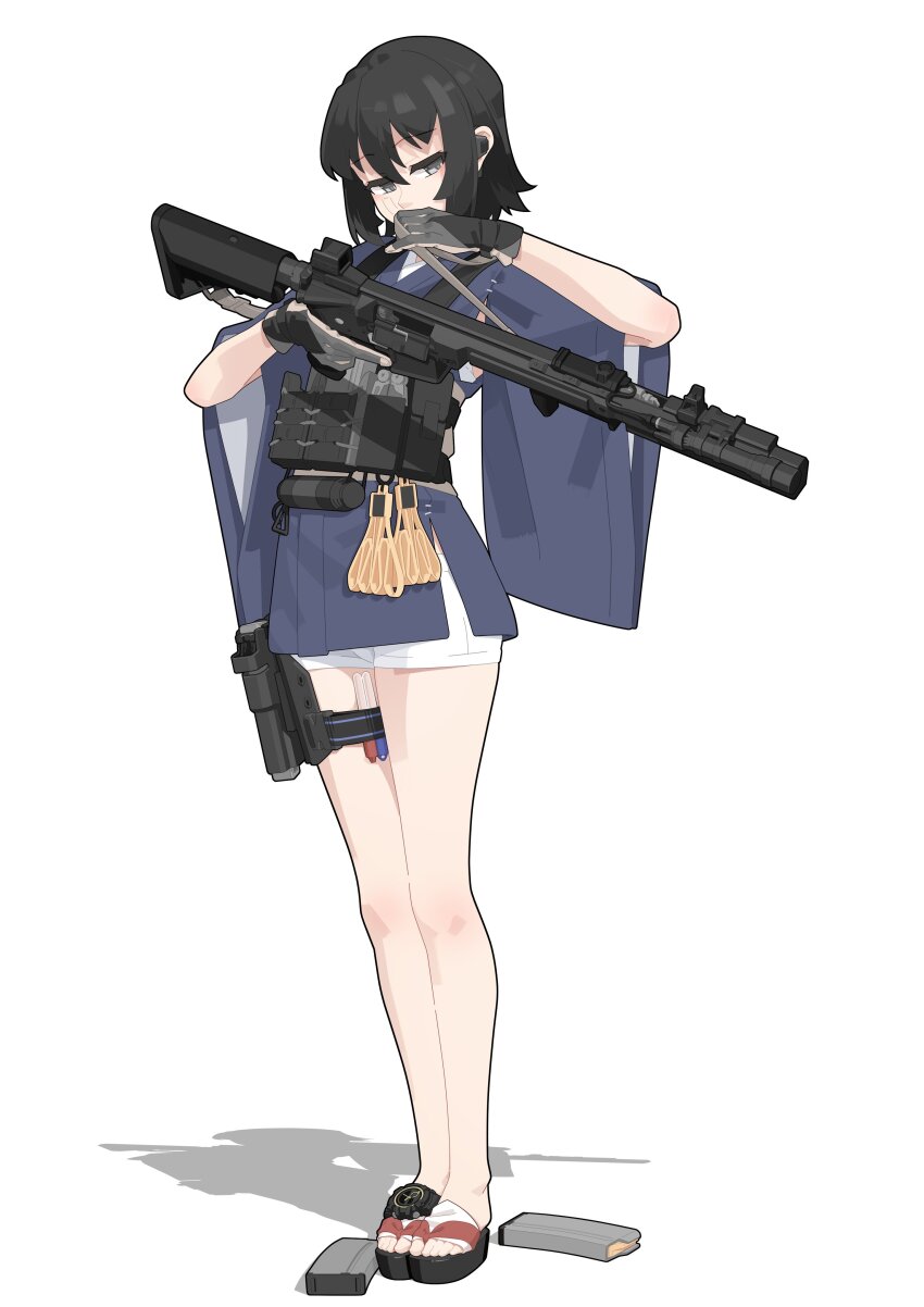 1girl absurdres ar-15 black_hair black_sandals blue_kimono blush commentary covered_mouth english_commentary gloves grey_eyes grey_gloves gun hair_between_eyes highres holding holding_gun holding_weapon japanese_clothes kimono looking_at_viewer magazine_(weapon) nusisring_tactical rifle sandals shadow shii_nana short_shorts short_sleeves shorts simple_background solo standing vectorek weapon white_background white_shorts wide_sleeves
