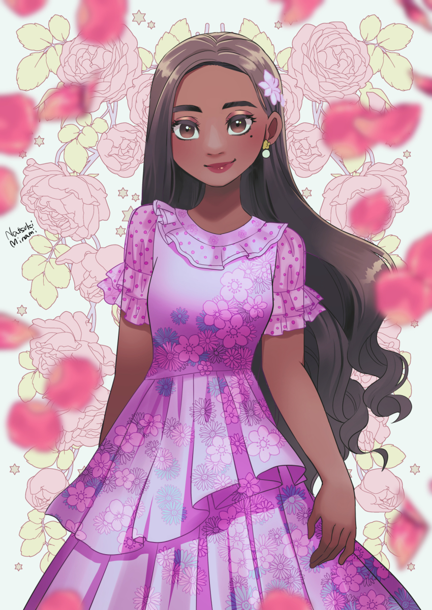 1girl brown_eyes brown_hair dark-skinned_female dark_skin disney dress earrings encanto flower hair_flower hair_ornament highres isabela_madrigal jewelry long_hair mole natsuki_nori purple_dress simple_background smile solo