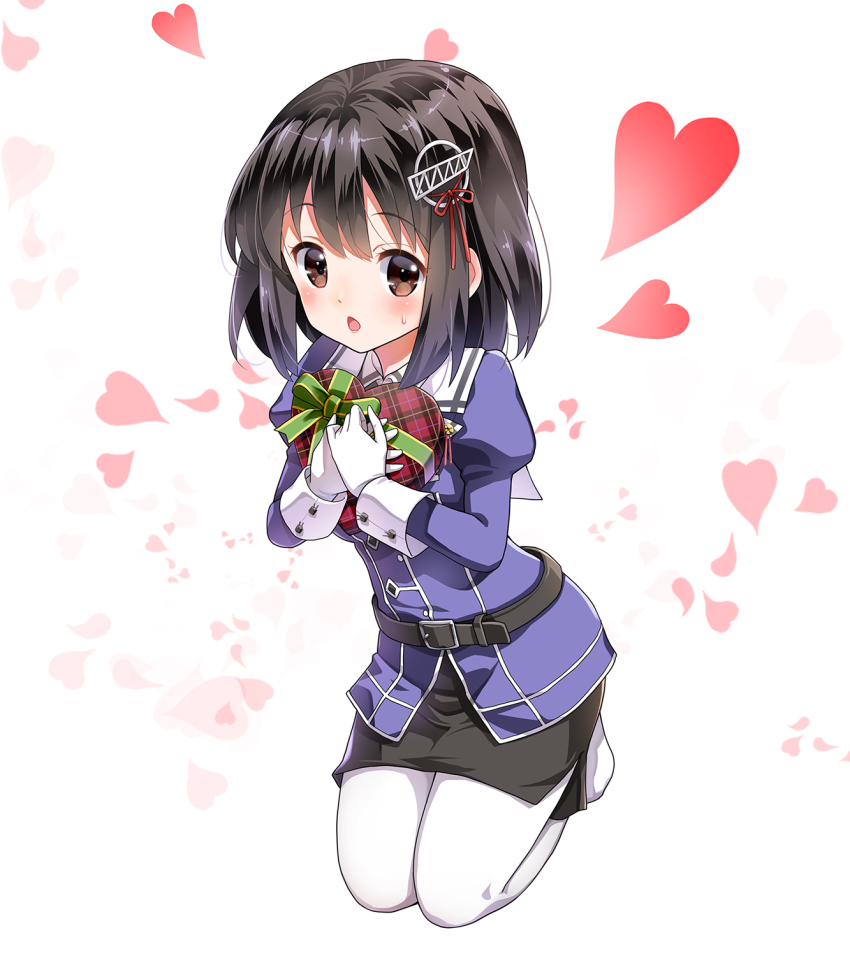 10s 1girl belt black_hair box brown_eyes female_focus gift gloves haguro_(kancolle) haguro_kai_ni_(kancolle) hair_ornament heart heart-shaped_box highres kantai_collection minimaru open_mouth pantyhose short_hair solo uniform valentine