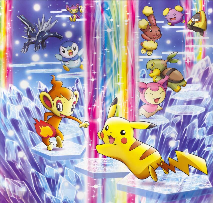 :3 absurdres aipom arms_up artist_request blue_eyes buneary chimchar closed_eyes creatures_(company) crystal dialga dot_nose fangs fire game_freak gen_1_pokemon gen_2_pokemon gen_3_pokemon gen_4_pokemon grey_eyes grin hexagon highres legendary_pokemon looking_back nintendo no_humans official_art open_mouth pikachu piplup pokemon pokemon_(creature) pokemon_focus rainbow scan sitting skitty smile snorunt sparkle teeth third-party_source turtwig whismur
