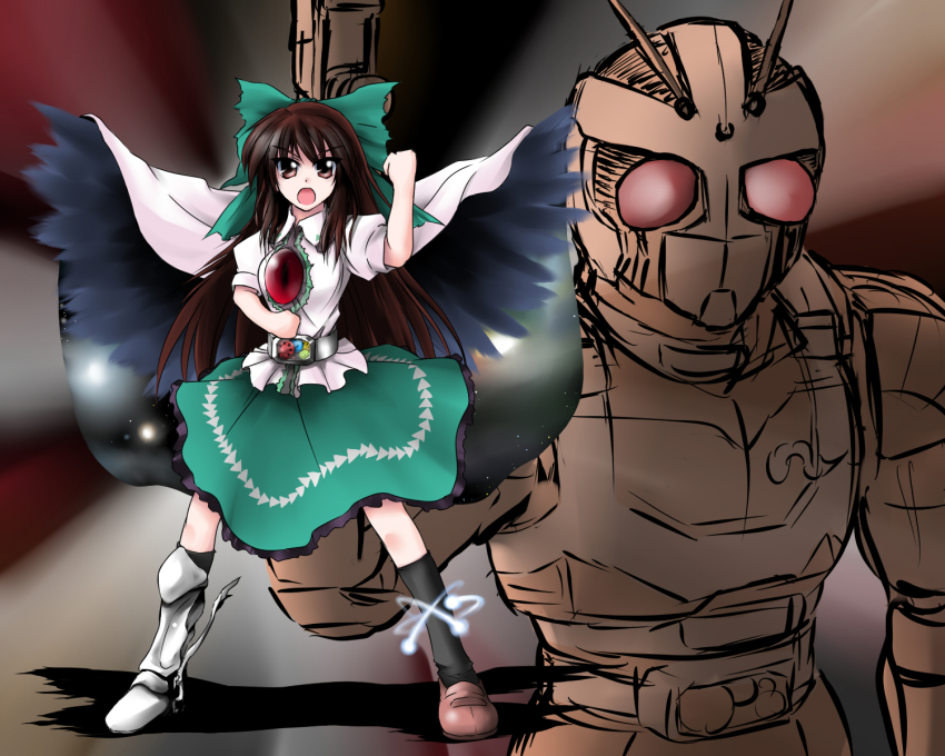 1girl armor armored_boots asymmetrical_footwear black_gloves black_wings boots bow brown_hair crossover fingerless_gloves gloves green_bow green_skirt henshin henshin_pose highres kamen_rider kamen_rider_black_rx kamen_rider_black_rx_(series) kazami_shirou_(kaizou-zumi) mismatched_footwear parody reiuji_utsuho rider_belt roborider shirt skirt touhou white_shirt wings