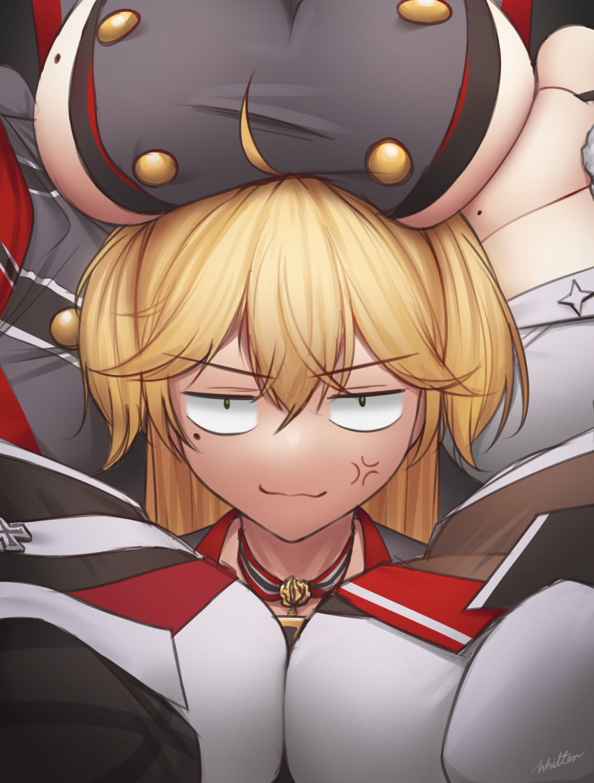 6+girls absurdres admiral_hipper_(azur_lane) ahoge anger_vein angry azur_lane blonde_hair bluecher_(azur_lane) breast_envy breast_focus breast_rest breasts breasts_on_head closed_mouth commentary constricted_pupils english_commentary false_smile green_eyes hair_between_eyes highres jitome large_breasts looking_at_viewer mainz_(azur_lane) mole mole_on_breast mole_under_eye multiple_girls prinz_eugen_(azur_lane) smile solo_focus surrounded surrounded_by_breasts surrounded tallinn_(azur_lane) two_side_up v-shaped_eyebrows wavy_mouth weser_(azur_lane) whitter
