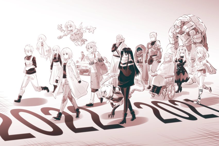 2021 2022 5boys 6+girls akirara_(ishiyumi) beard blau_(mechanical_buddy_universe) breasts character_request clenched_hands dress facial_hair greyscale high_heels highres jacket kato_takuji kuchisake-onna_(ishiyumi) long_hair magical_girl mecha mechanical_buddy_universe mechanical_tail medium_breasts monochrome multiple_boys multiple_girls old old_man one-eyed original pantyhose pointy_ears rainy_(mechanical_buddy_universe) robot scarf short_hair skirt smile sweater tail walking wheelchair