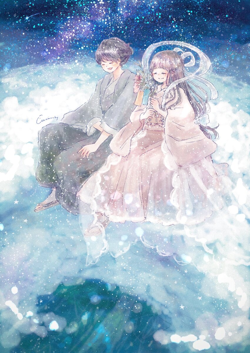 1boy 1girl ^_^ artist_name black_hair blunt_bangs closed_eyes commentary_request cosplay full_body hagoromo hair_ribbon half_updo highres hikoboshi momochy orihime_(tanabata) ribbon sandals sash shawl short_hair space tanabata the_weaver_girl_and_the_cowherd wide_sleeves
